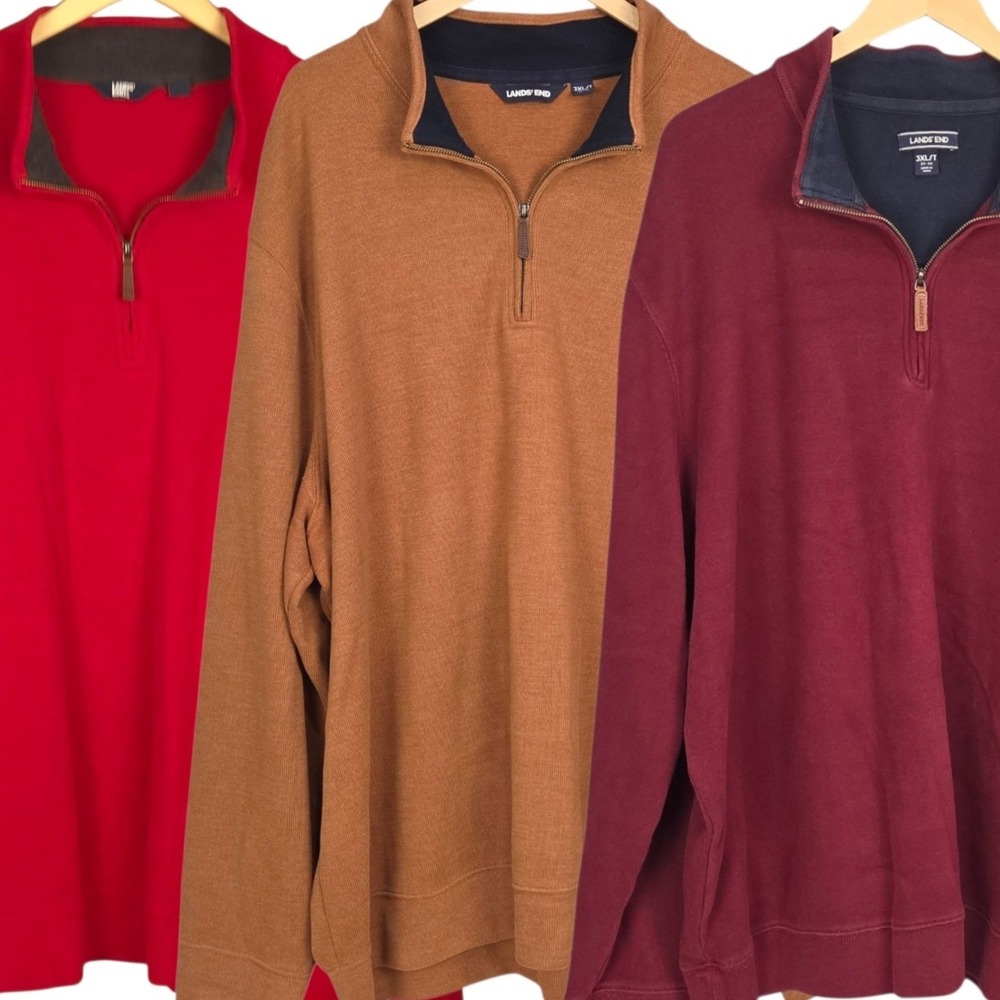 (LOT 3) Lands End 1/4 Zip Pullover Mens 3XL TALL Red Burgundy Tan Sweater Cotton